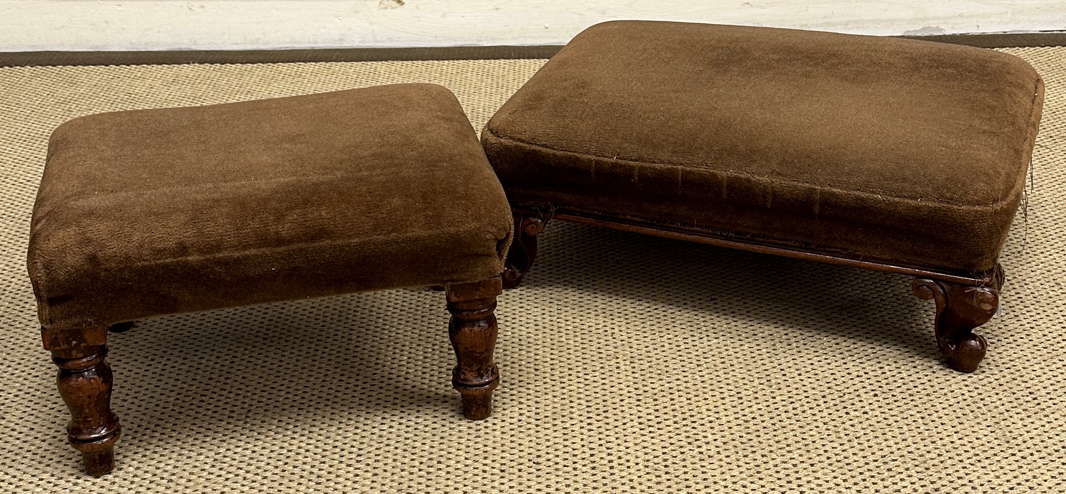 A Victorian upholstered rectangular footstool on mahogany cabriole legs to scroll feet, - Image 3 of 3