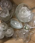 Two boxes of assorted glassware to include fruit bowls, jugs, decanters, trays etc,