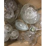 Two boxes of assorted glassware to include fruit bowls, jugs, decanters, trays etc,