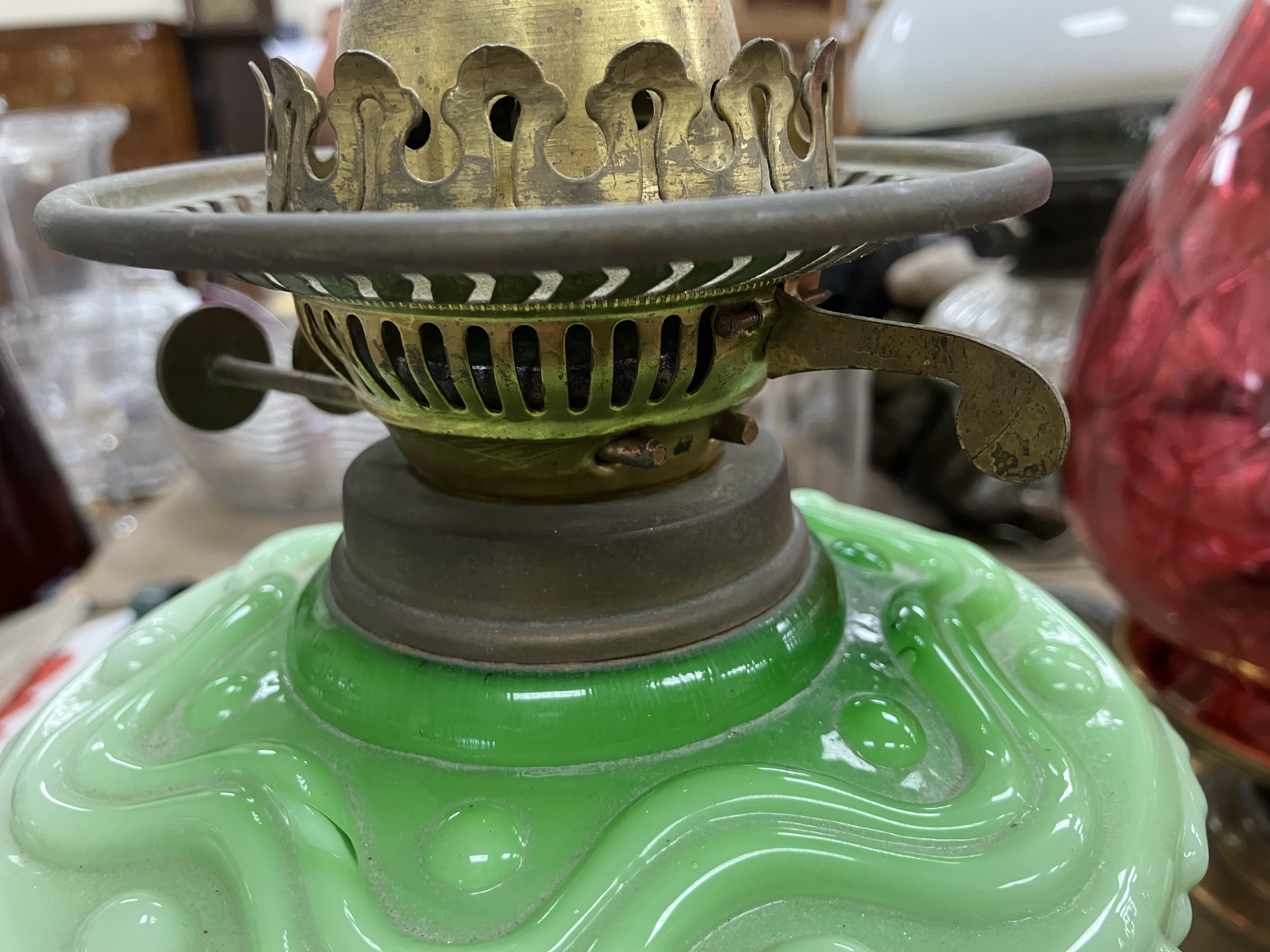 A collection of five various Victorian and later oil table lamps, - Image 10 of 31