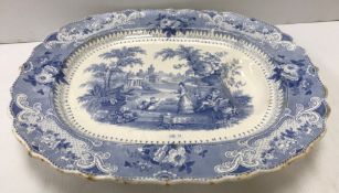 A 19th Century blue and white transfer decorated turkey platter,