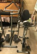 A collection of gym equipment comprising a Sunny Health and Fitness exercise bike,