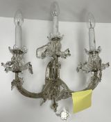 A pair of blown and cut glass three light wall sconces in the Venetian taste with applied flower