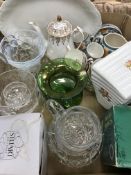 A box containing assorted glassware to include a Loertz style green glass flared vase with three