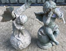 A cast metal figure of a cherub crying sat on a ball, with verdigris style patination, 31 cm high,