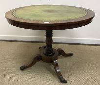 A 19th Century rosewood centre table, the circular snap top with tooled and gilded leather insert