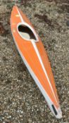 A vintage painted wooden single seat kayak, 357 cm long