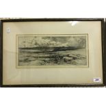 AFTER WALLIS JAMES "Moorland landscape with grouse in foreground", black and white etching, signed