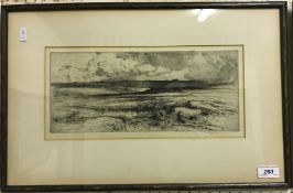AFTER WALLIS JAMES "Moorland landscape with grouse in foreground", black and white etching, signed