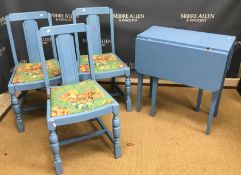 A blue painted drop-leaf kitchen table,