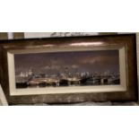 J BOWEN "City view at twilight", oil on board, signed lower left, bears "Image Design" label verso,