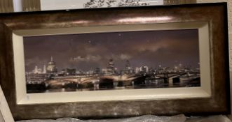 J BOWEN "City view at twilight", oil on board, signed lower left, bears "Image Design" label verso,