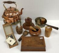 A collection of treen and metal wares to include a Tunbridge ware glass holder with Ilkley Bridge