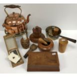 A collection of treen and metal wares to include a Tunbridge ware glass holder with Ilkley Bridge