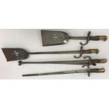 A collection of various metal wares to include a six piece fire iron set constructed from 19th