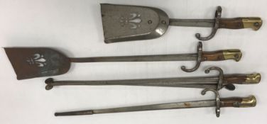 A collection of various metal wares to include a six piece fire iron set constructed from 19th