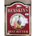 An enamelled advertising sign for Benskins Best Bitter Traditional Cask Ale 28.5 cm wide x 39.