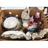 Two boxes of various china wares and plated wares to include a circa 1900 plated three-piece tea