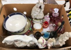 Two boxes of various china wares and plated wares to include a circa 1900 plated three-piece tea
