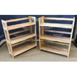 A pair of modern beech folding three tier shelf units, 70.5 cm wide x 28.