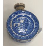 A Victorian silver mounted pottery moon flask scent bottle with Willow pattern decoration,