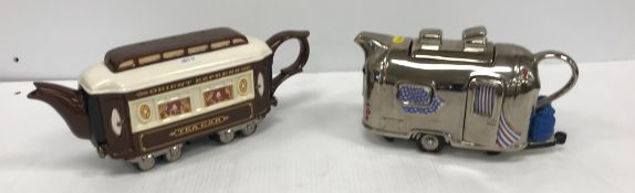 A collection of novelty teapots including The Teapottery "Airstream", "Orient Express Tea Car",