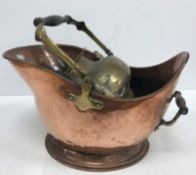 A copper coal bucket of typical form, together with a bronze hanging lamp / censer,