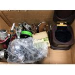 A box, a bag and a tackle box of various fishing tackle including a KP Morritts "New Popular" reel,