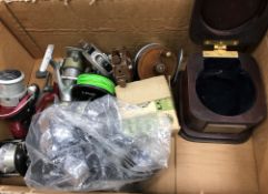 A box, a bag and a tackle box of various fishing tackle including a KP Morritts "New Popular" reel,