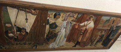 An Arts and Crafts painted plaster wall plaque depicting "The Landing of Iseult of Brittany",