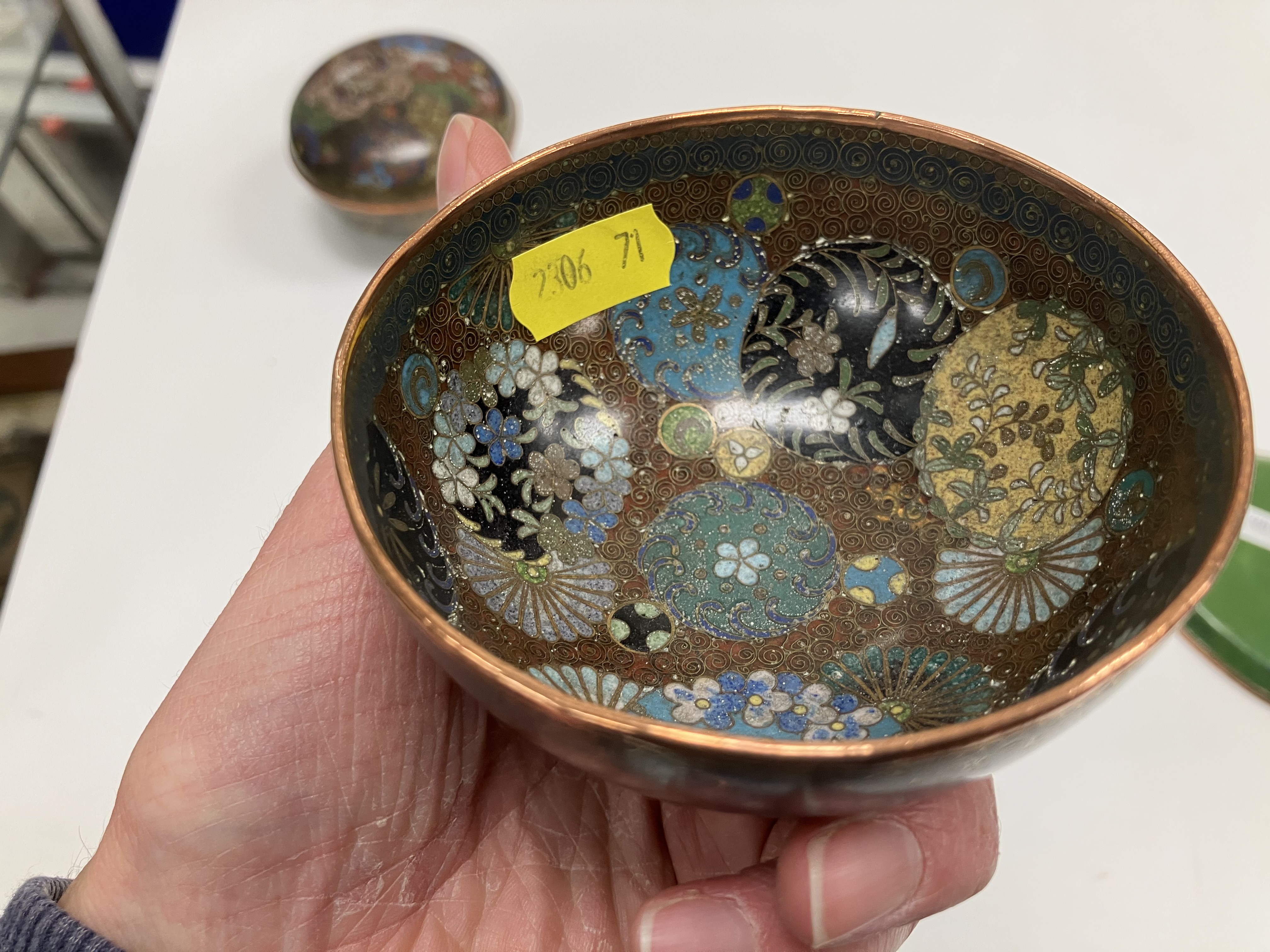 A Chinese cloisonne lidded bowl with floral medallion and butterfly decoration, - Image 15 of 31