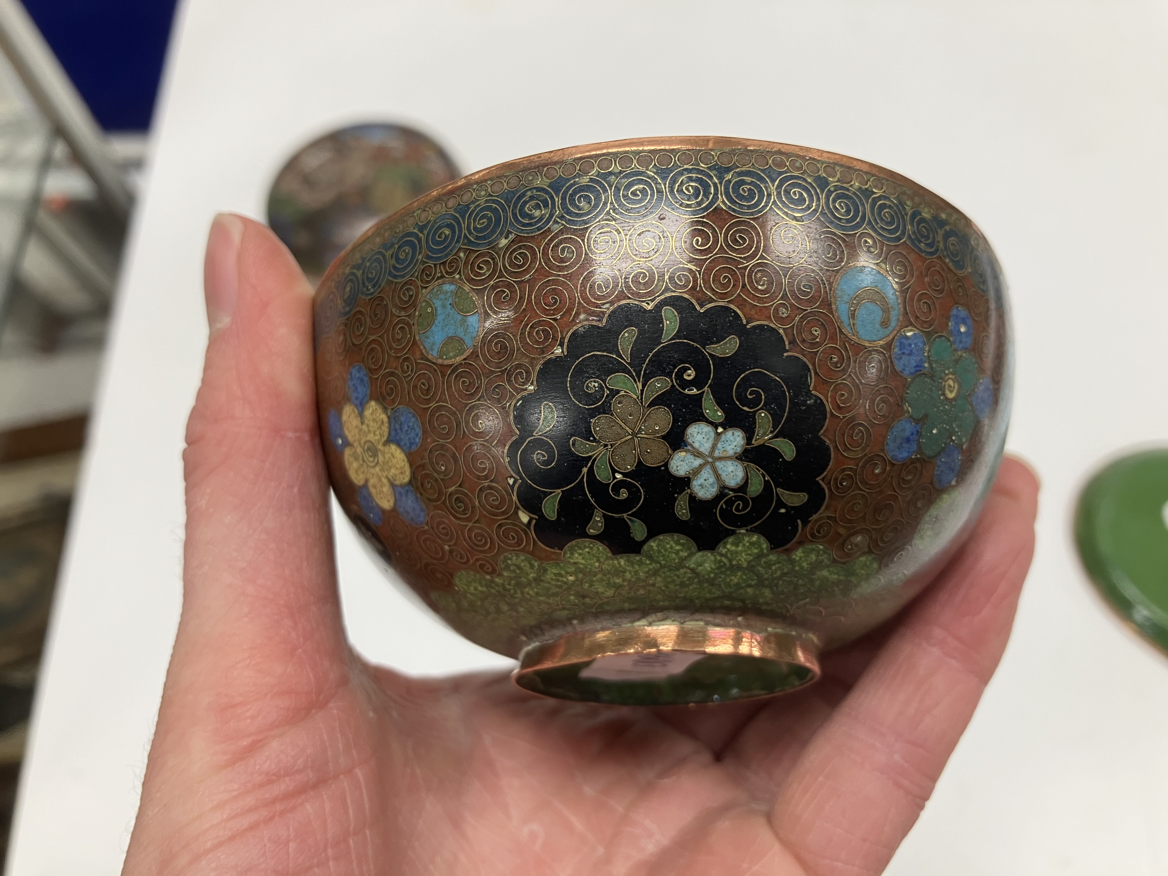 A Chinese cloisonne lidded bowl with floral medallion and butterfly decoration, - Image 10 of 31
