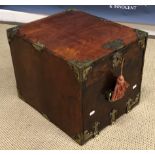 A 19th Century teak and brass bound strong box with Gothic style embellishments,