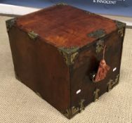 A 19th Century teak and brass bound strong box with Gothic style embellishments,
