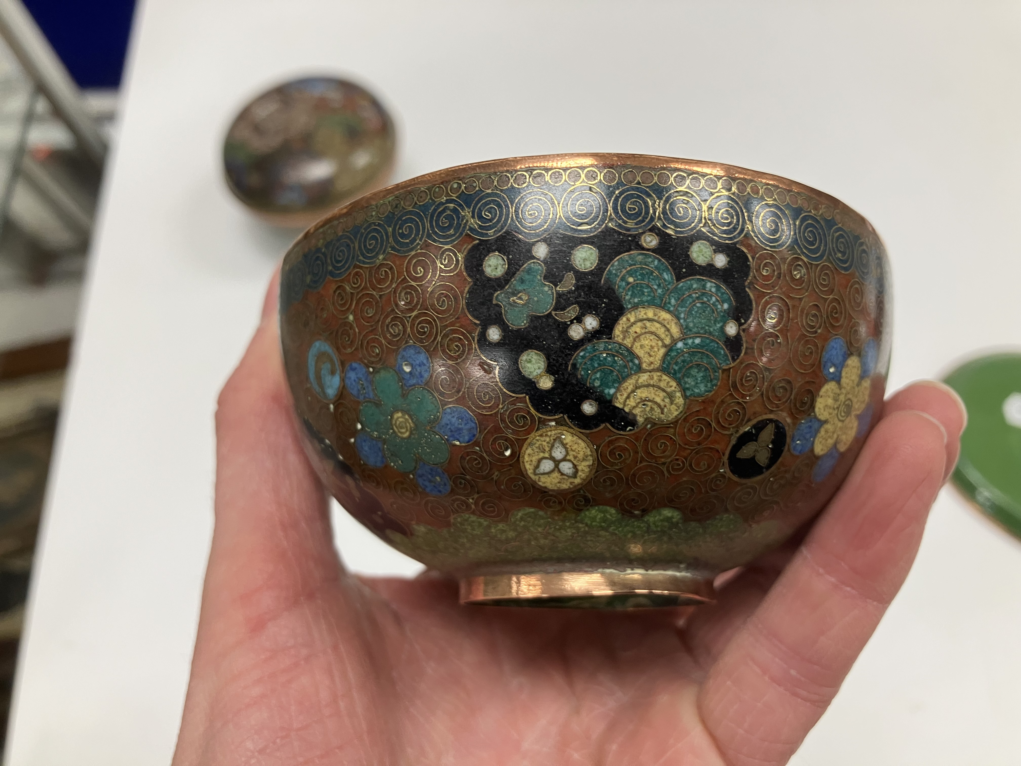 A Chinese cloisonne lidded bowl with floral medallion and butterfly decoration, - Image 11 of 31