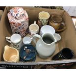 A box of assorted china to include an Art Nouveau pipe decorated tobacco jar,