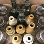 A box containing various stoneware/salt glazed beer bottles including Thomas's Stone Beer,