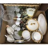 Three boxes of assorted china and glassware to include a Susie Cooper "Assyrian motif" pattern part