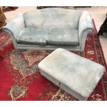 A pair of turquoise upholstered scroll arm sofas, approx 195 cm wide x 92 cm deep x 78 cm high,