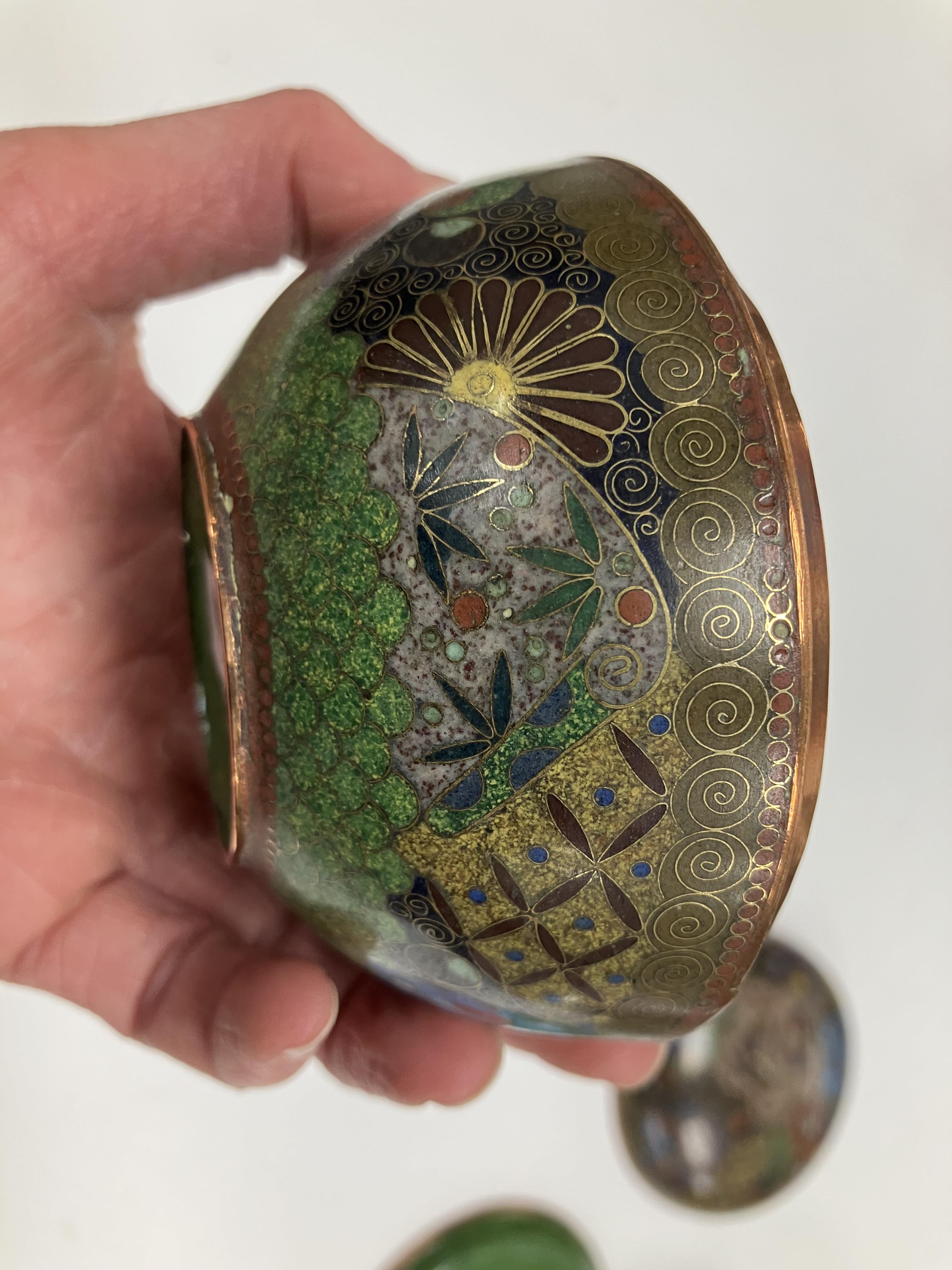A Chinese cloisonne lidded bowl with floral medallion and butterfly decoration, - Image 19 of 31