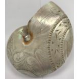 A 19th Century carved nautilus shell inscribed "Remember these presents that come from New
