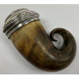 A Victorian white metal mounted and hardstone mounted Scottish curly horn snuff mull (stone