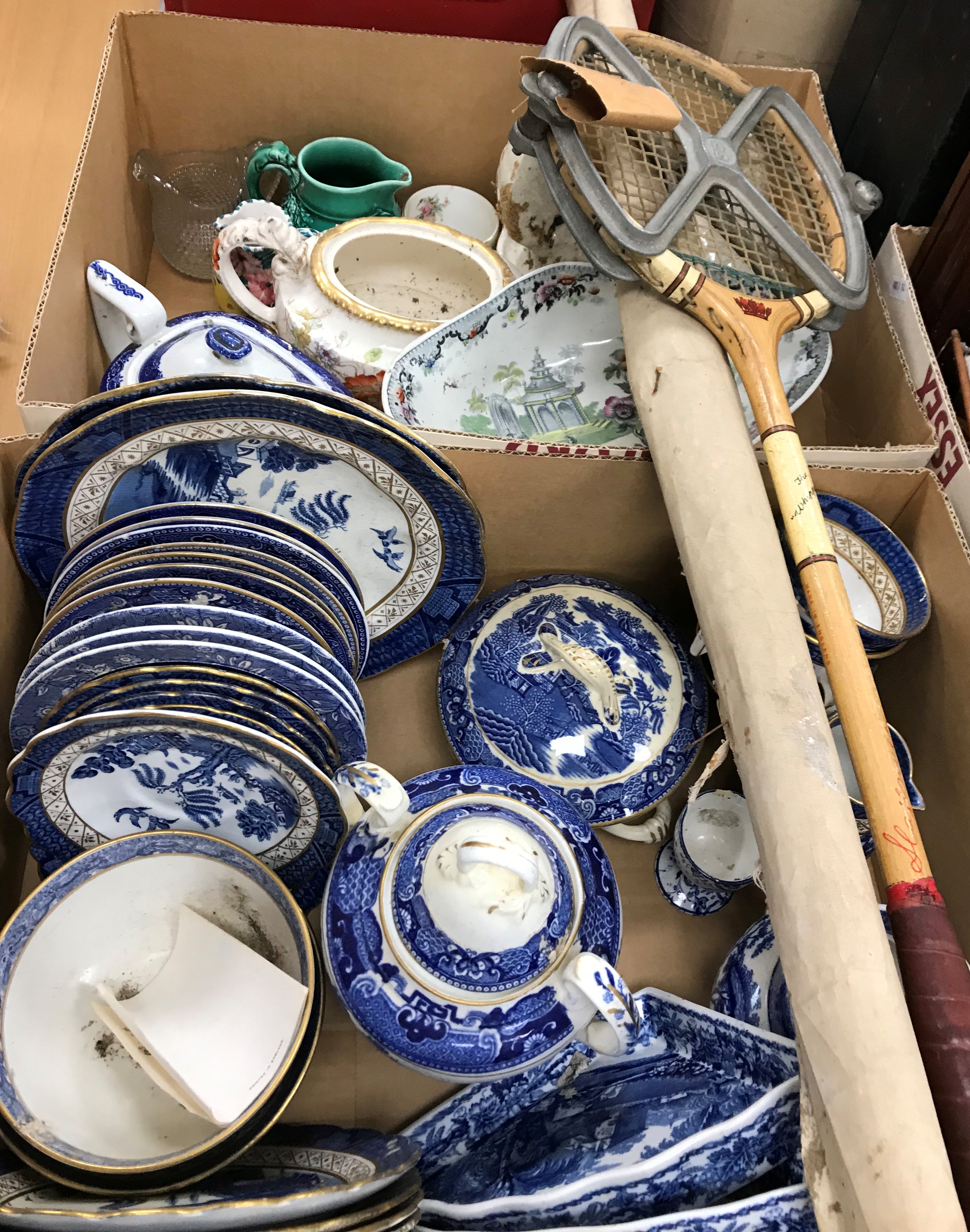 Two boxes of assorted china wares to include Booths Real Old Willow pattern cups, saucers, jug, - Image 2 of 2