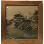 An early 20th Century cut velvet Japanese landscape scene with houses upon a river, 61 cm x 58 cm,
