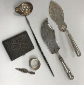 Two Continental silver fish serving knives, a filigree work cigarette case,