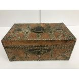 A Victorian brass studded leather box with marbled paper-lined interior, 25.