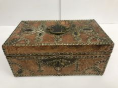 A Victorian brass studded leather box with marbled paper-lined interior, 25.