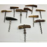 Nine various antler-handled T bar corkscrews and a similar horn-handled corkscrew (9)