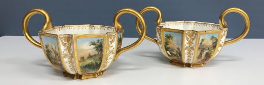 A pair of Coalport hexagonal two-handled bowls, each panel decorated with a landscape scene 10.