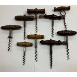 A collection of nine various T bar corkscrews including one stamped “The Antiquami Corkscrew - J &
